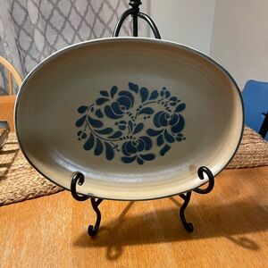 Stoneware Oval Platter with Blue Floral Design